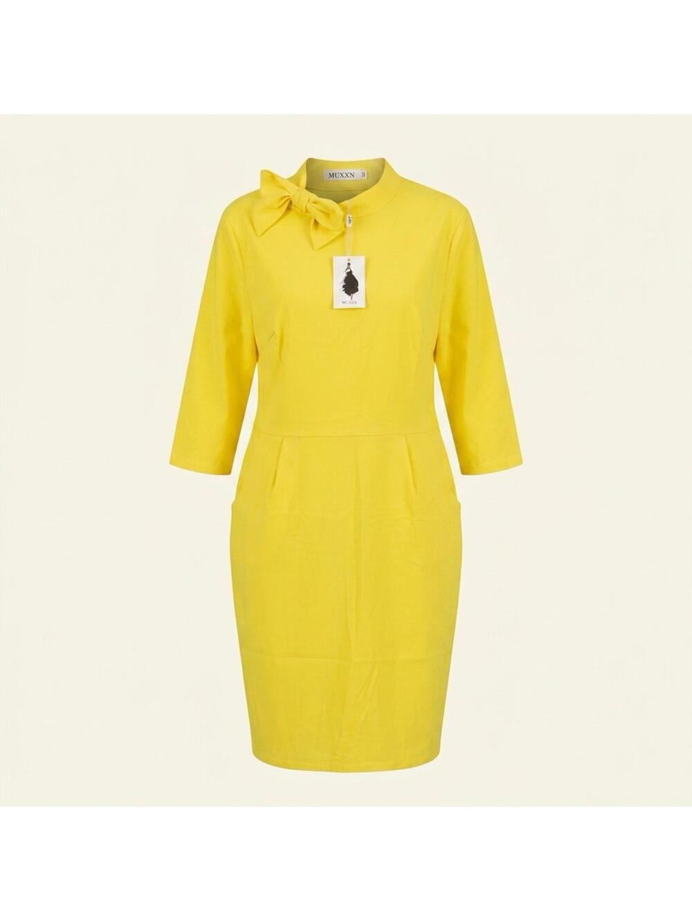MUXXN Dress Women's Yellow 2XL Collared 3/4 Sleeve Knee Length Sheath Solid Zip